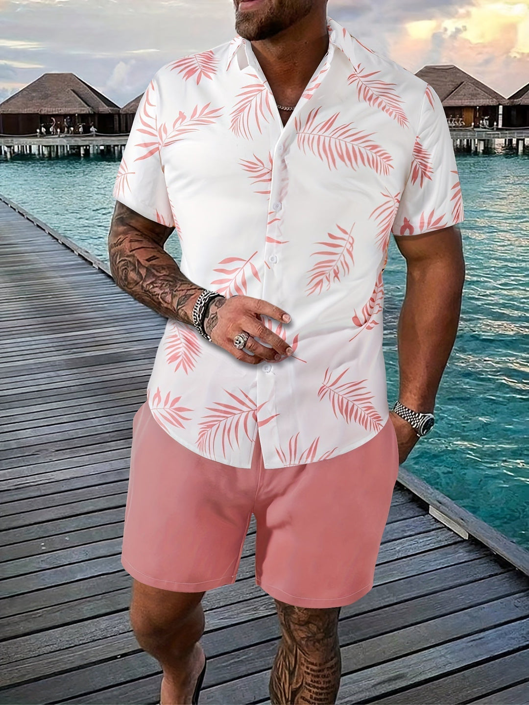 Xavier | Men's Tropical Two-Piece Set with Matching Shorts — Pink
