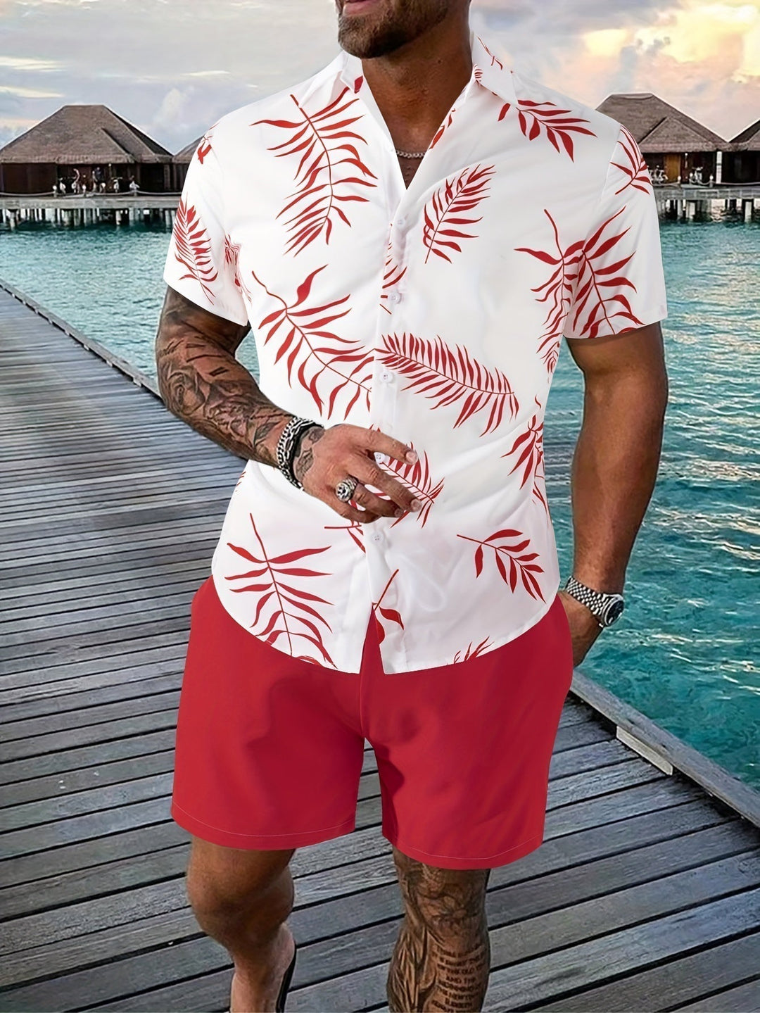 Xavier | Men's Tropical Two-Piece Set with Matching Shorts — Red