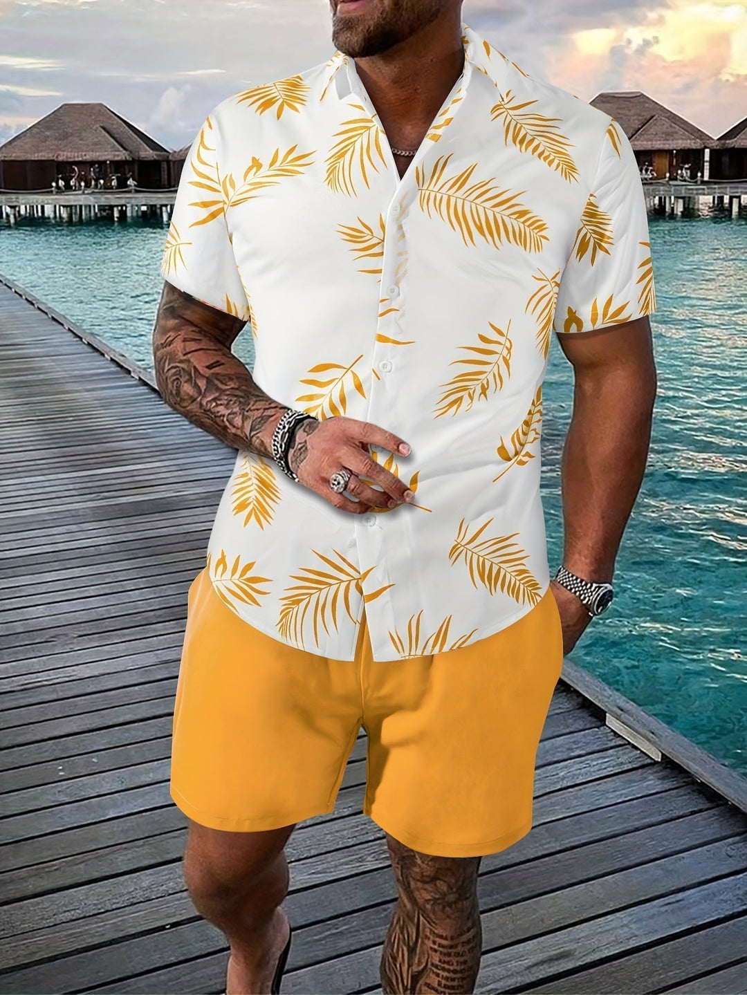 Xavier | Men's Tropical Two-Piece Set with Matching Shorts — Yellow