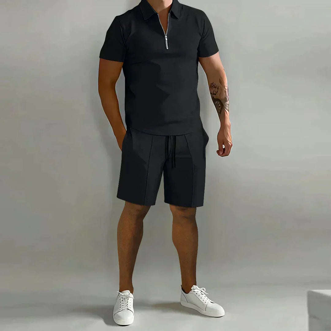 Yannick | Men's Two-Piece Matching Men’s Casual Zip Polo Two Piece Set with Half-Zip Collar — Black