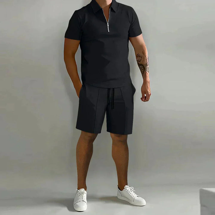 Yannick | Men's Two-Piece Matching Men’s Casual Zip Polo Two Piece Set with Half-Zip Collar — Black