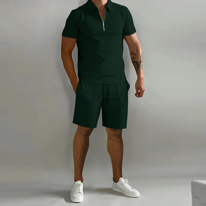 Yannick | Men's Two-Piece Matching Men’s Casual Zip Polo Two Piece Set with Half-Zip Collar — Green