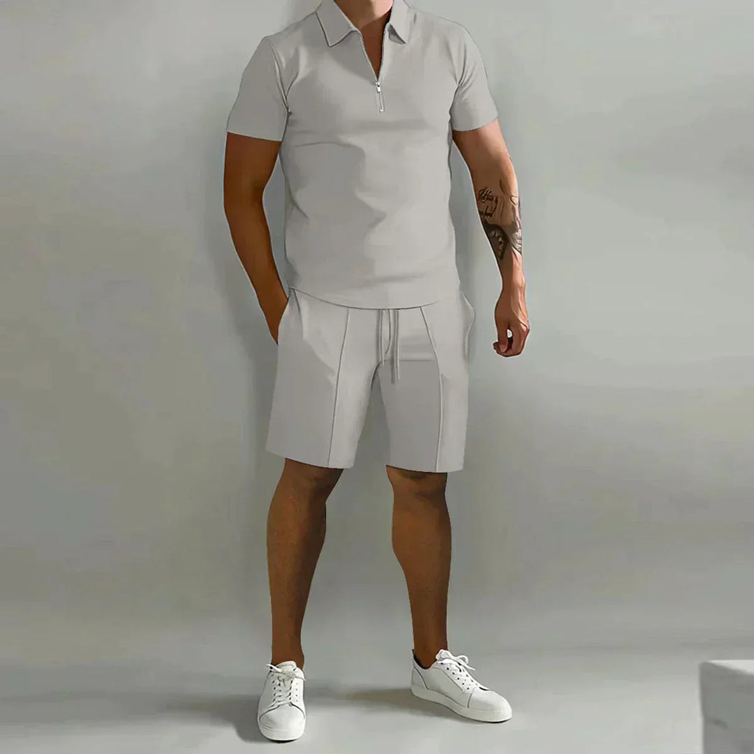 Yannick | Men's Two-Piece Matching Men’s Casual Zip Polo Two Piece Set with Half-Zip Collar — Light Grey