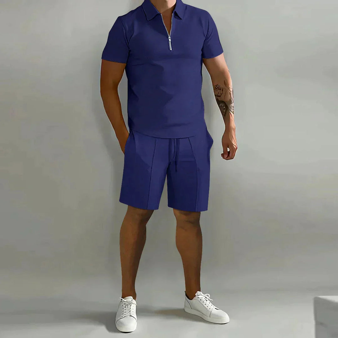 Yannick | Men's Two-Piece Matching Men’s Casual Zip Polo Two Piece Set with Half-Zip Collar — Navy Blue