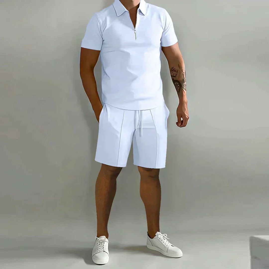 Yannick | Men's Two-Piece Matching Men’s Casual Zip Polo Two Piece Set with Half-Zip Collar — White