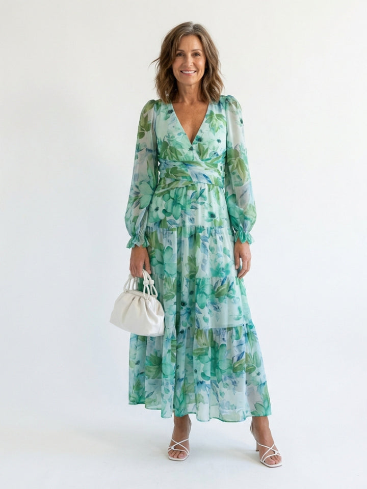 Yara | Women's Wedding Guest Elegant V Neck Floral Maxi Dress Dresses — Green