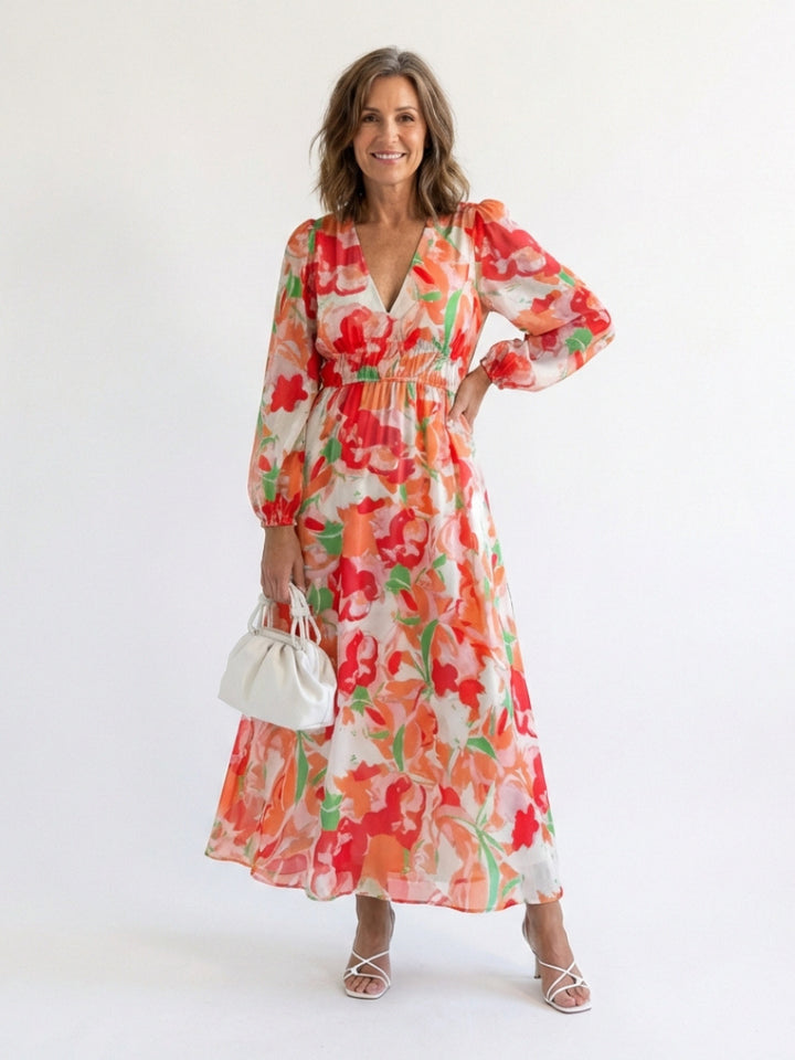 Yara | Women's Wedding Guest Elegant V Neck Floral Maxi Dress Dresses — Orange
