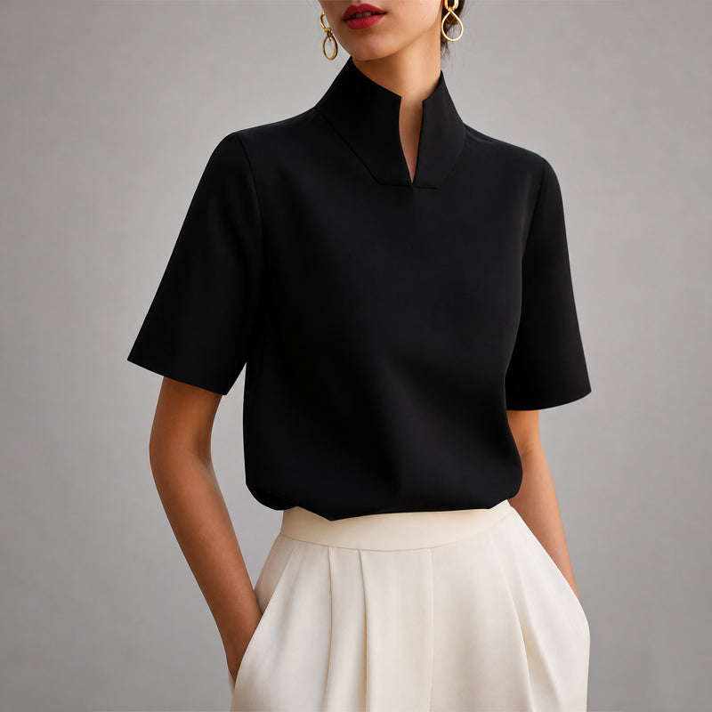 Yarabelle | Women's Linen Casual Structured V-Cut Mock Neck Blouse — Black