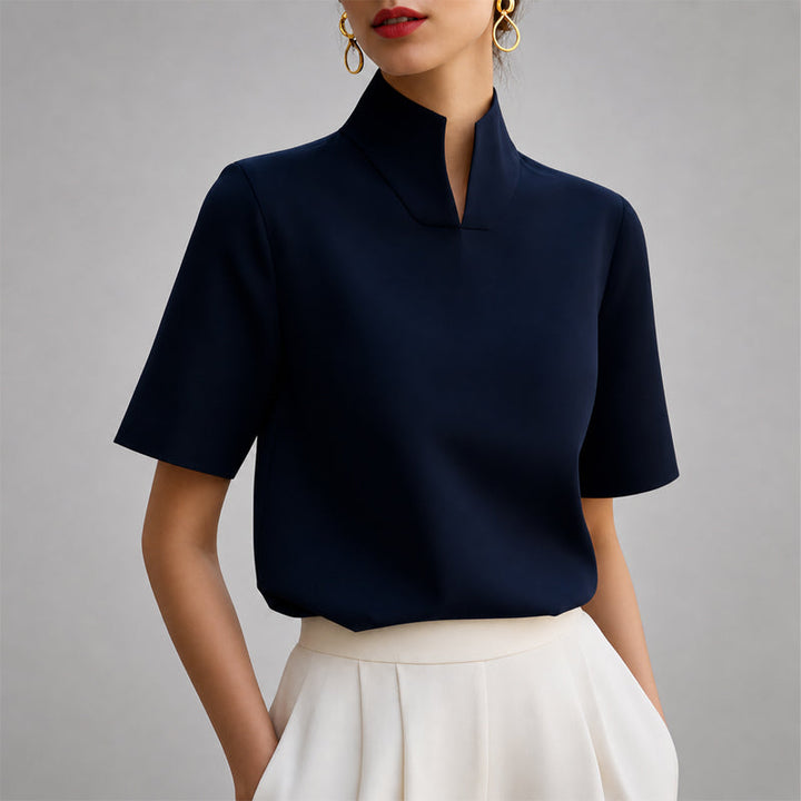 Yarabelle | Women's Linen Casual Structured V-Cut Mock Neck Blouse — Blue