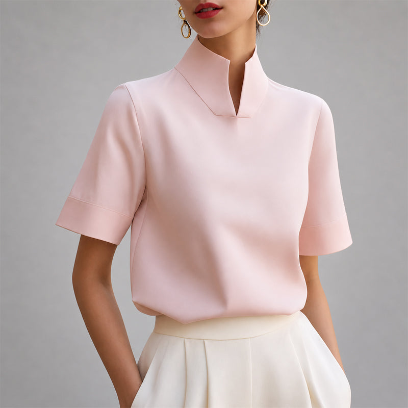Yarabelle | Women's Linen Casual Structured V-Cut Mock Neck Blouse — 2