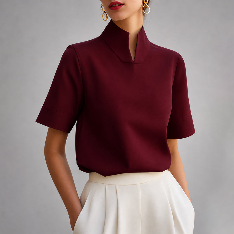 Yarabelle | Women's Linen Casual Structured V-Cut Mock Neck Blouse — Red