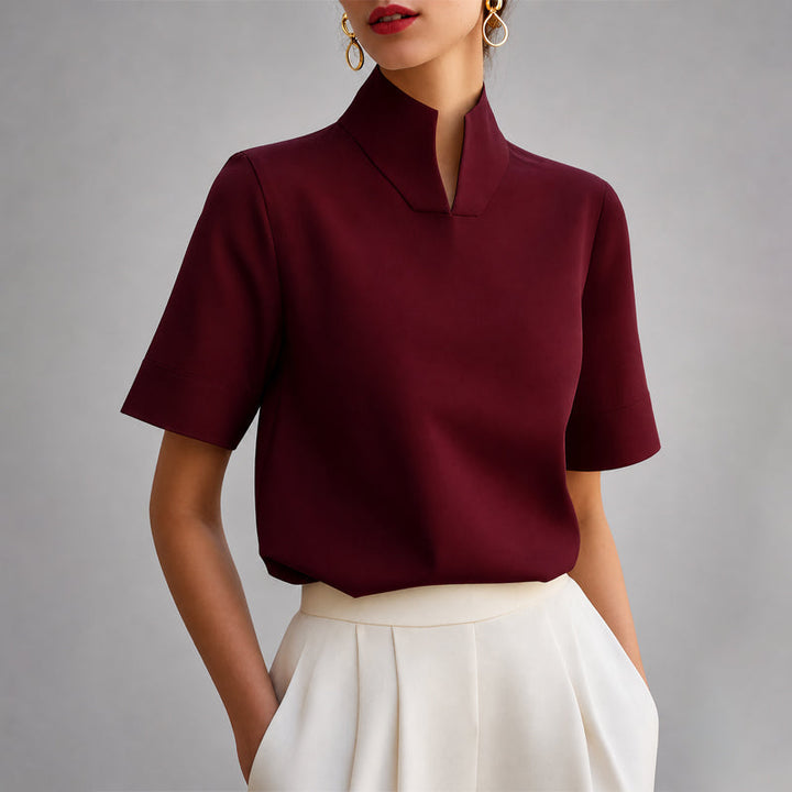 Yarabelle | Women's Linen Casual Structured V-Cut Mock Neck Blouse — Red