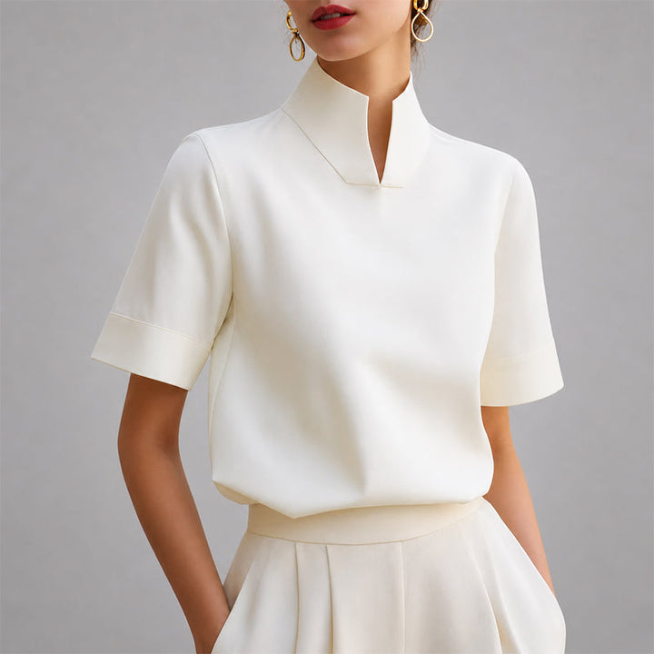 Yarabelle | Women's Linen Casual Structured V-Cut Mock Neck Blouse — White