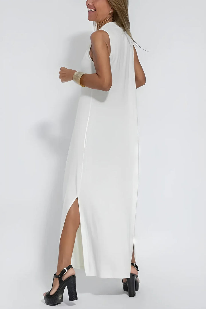 Elegant full-length dress w/ model on a clean background, designed for confident comfort, back angle
