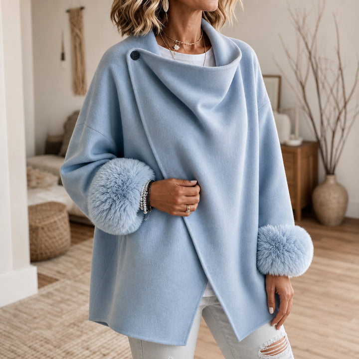 Ysoldeara | Women's Faux Fur Cuff Asymmetric Wrap Jacket