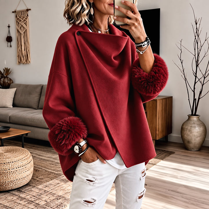 Ysoldeara | Women's Faux Fur Cuff Asymmetric Wrap Jacket