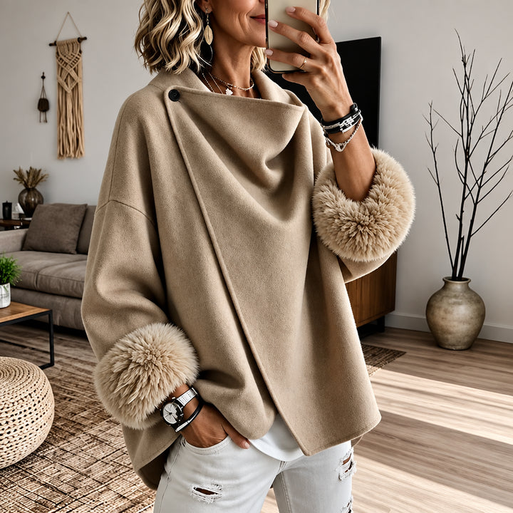 Ysoldeara | Women's Faux Fur Cuff Asymmetric Wrap Jacket