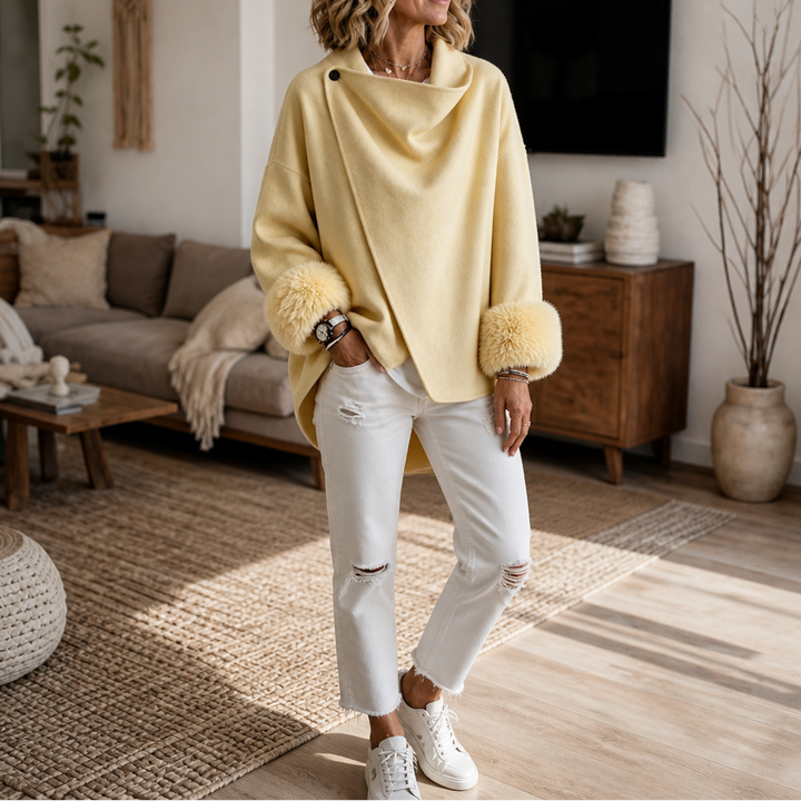 Ysoldeara | Women's Faux Fur Cuff Asymmetric Wrap Jacket