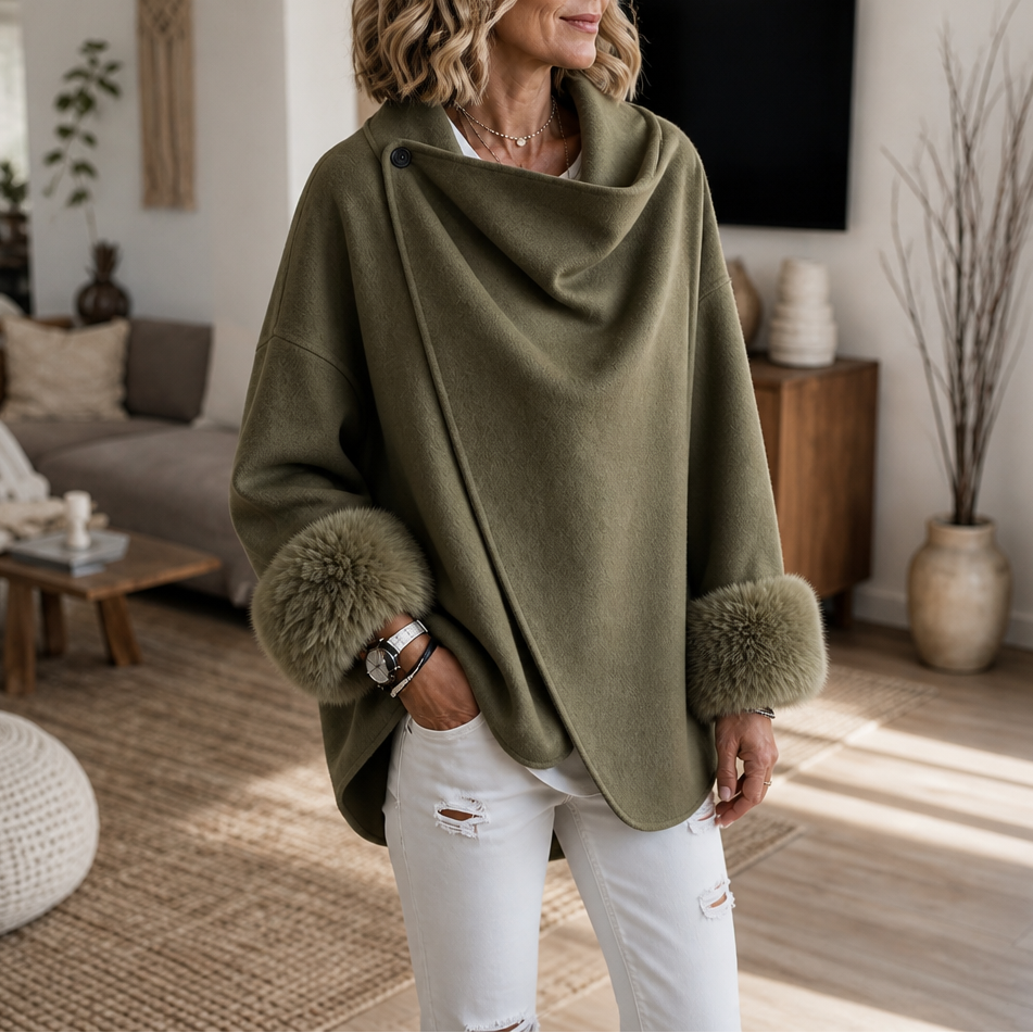Ysoldeara | Women's Faux Fur Cuff Asymmetric Wrap Jacket