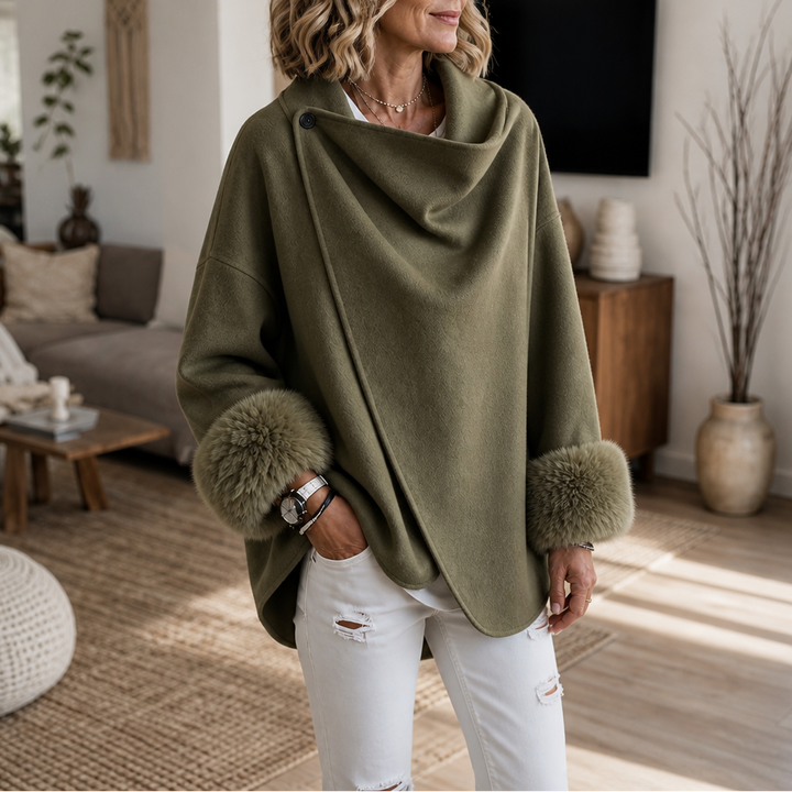 Ysoldeara | Women's Faux Fur Cuff Asymmetric Wrap Jacket