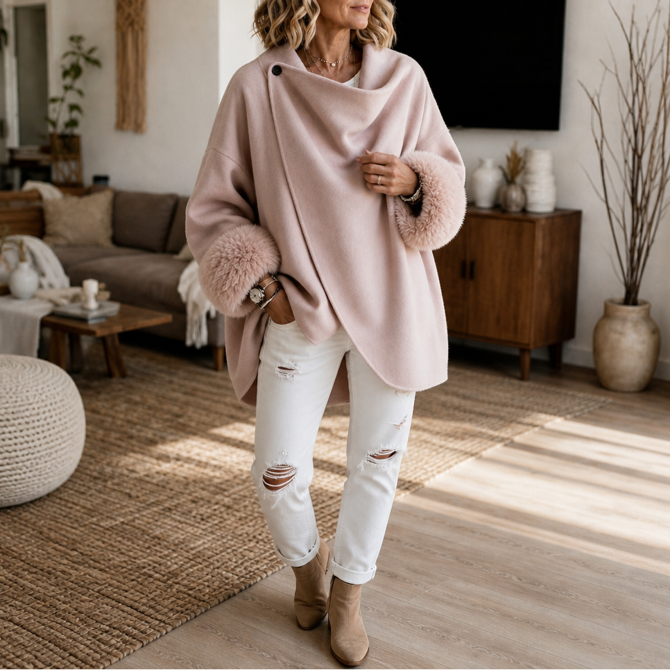 Ysoldeara | Women's Faux Fur Cuff Asymmetric Wrap Jacket