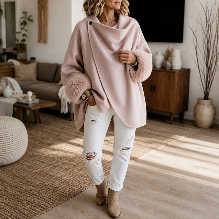 Ysoldeara | Women's Faux Fur Cuff Asymmetric Wrap Jacket