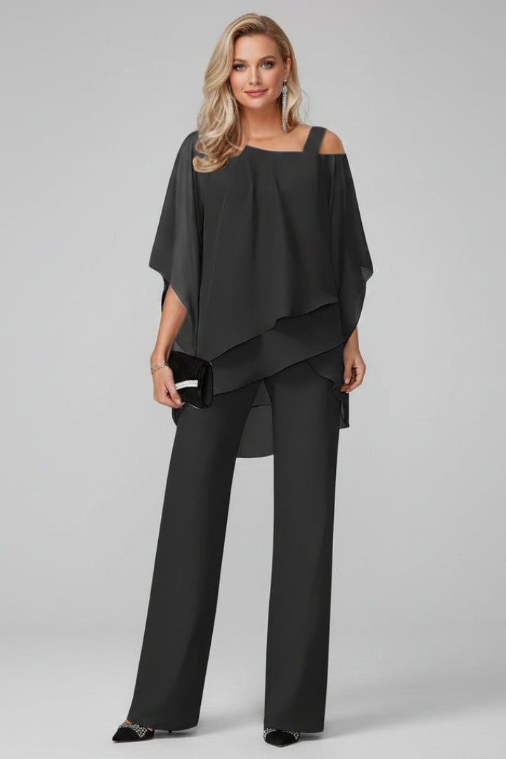 Ysoldecine | Women's Wide-Leg Graceful Off Shoulder Top and Wide Leg Pants 2 Piece Set — Black