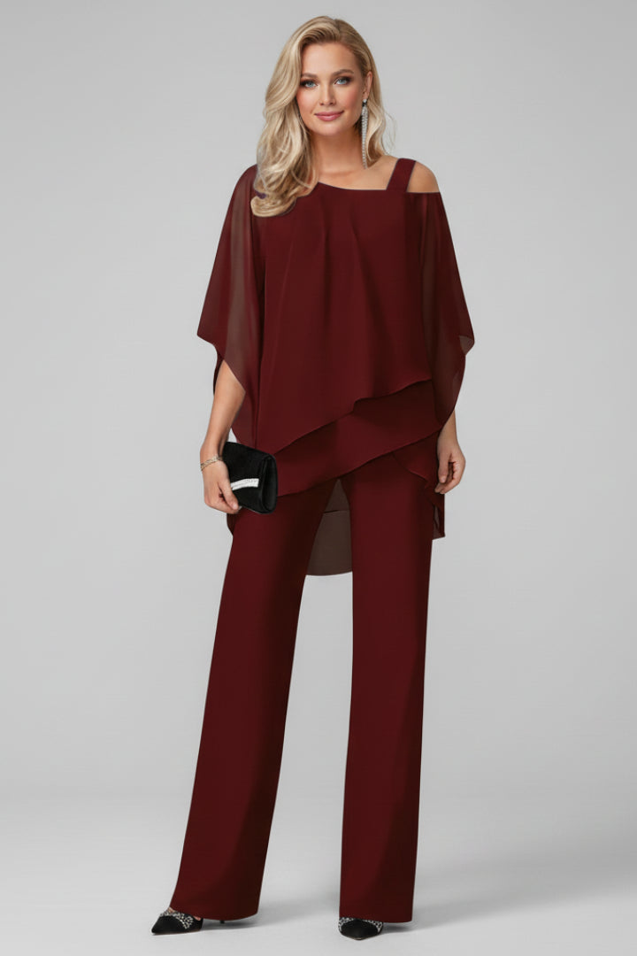 Ysoldecine | Women's Wide-Leg Graceful Off Shoulder Top and Wide Leg Pants 2 Piece Set — Burgundy