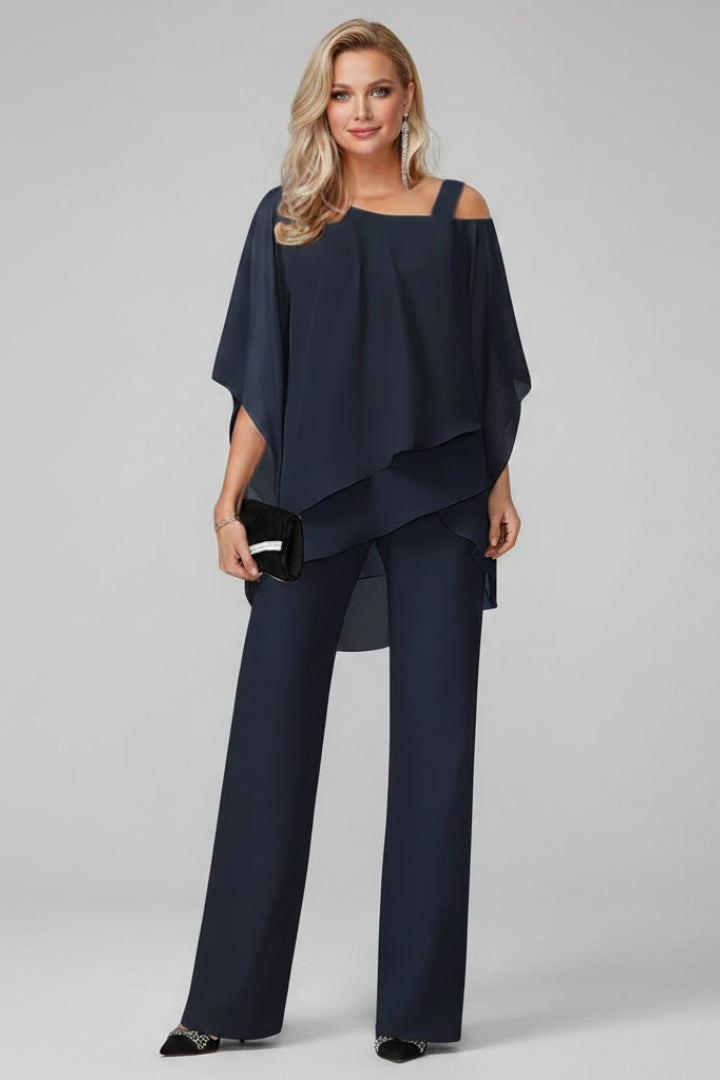 Ysoldecine | Women's Wide-Leg Graceful Off Shoulder Top and Wide Leg Pants 2 Piece Set — Dark Blue