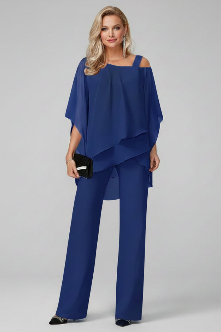 Ysoldecine | Women's Wide-Leg Graceful Off Shoulder Top and Wide Leg Pants 2 Piece Set — Royal Blue