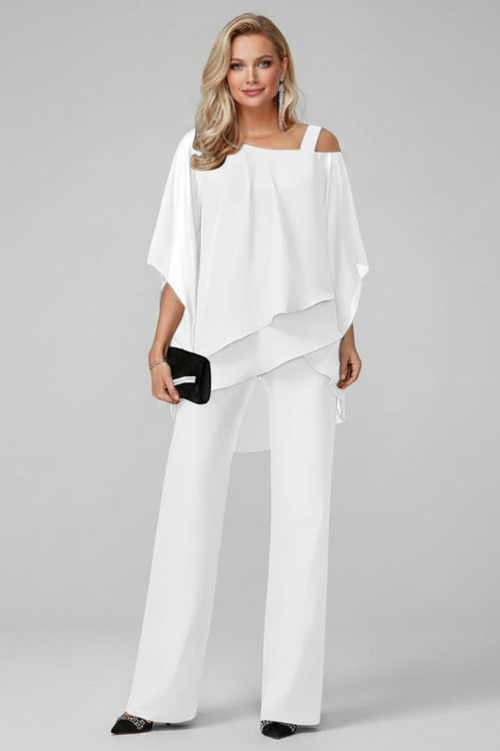 Ysoldecine | Women's Wide-Leg Graceful Off Shoulder Top and Wide Leg Pants 2 Piece Set — White