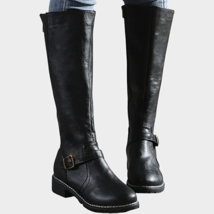 Ysoldenova | Women's Leather Knee High Buckle Boots