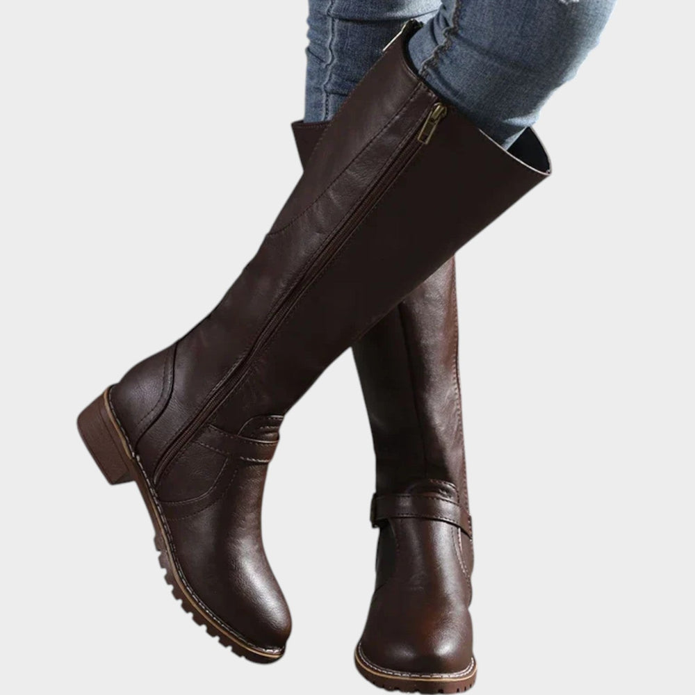 Ysoldenova | Women's Leather Knee High Buckle Boots