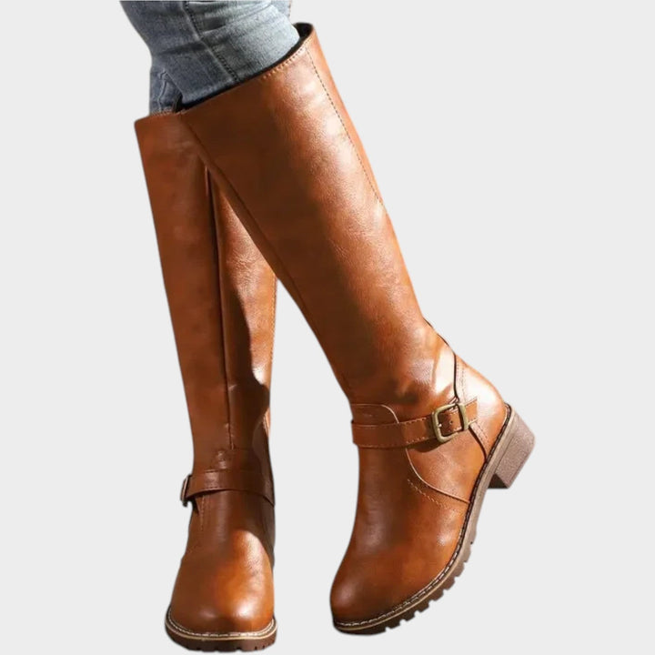 Ysoldenova | Women's Leather Knee High Buckle Boots