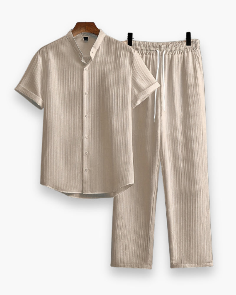 Zachariah | Men's Matching Button-Down Shirt & Pants Two-Piece Set with Elastic Waist — Beige