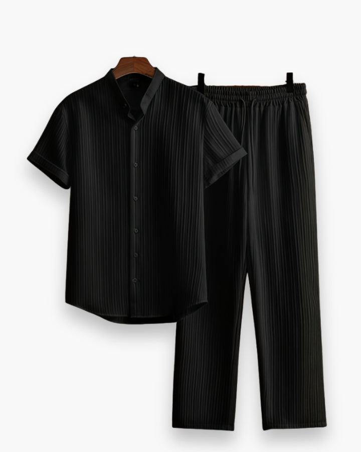 Zachariah | Men's Matching Button-Down Shirt & Pants Two-Piece Set with Elastic Waist — Black