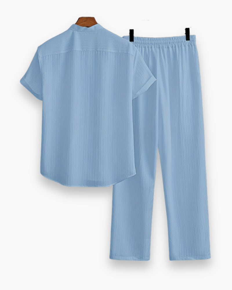 Zachariah | Men's Matching Button-Down Shirt & Pants Two-Piece Set with Elastic Waist — 2