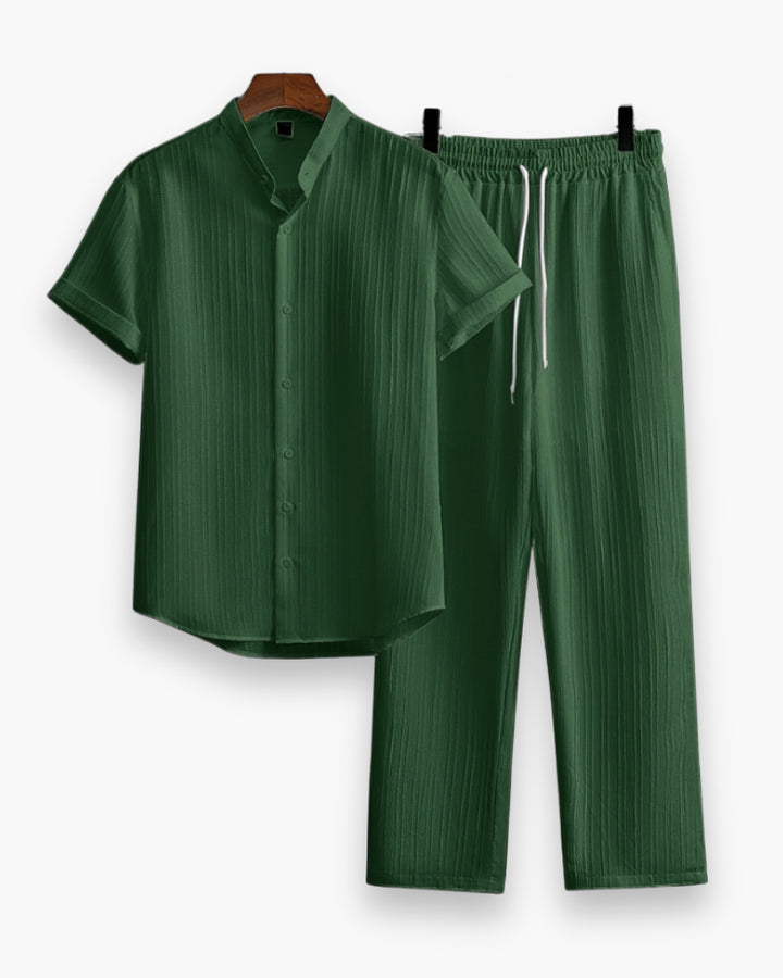 Zachariah | Men's Matching Button-Down Shirt & Pants Two-Piece Set with Elastic Waist — Dark Green