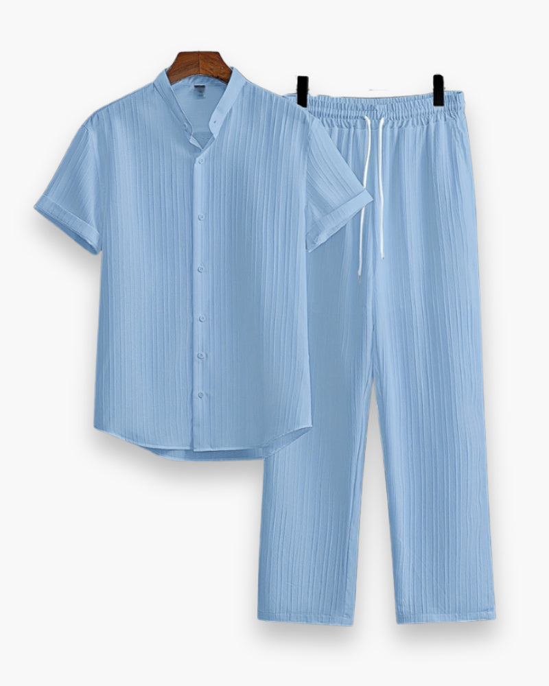 Zachariah | Men's Matching Button-Down Shirt & Pants Two-Piece Set with Elastic Waist — Light Blue