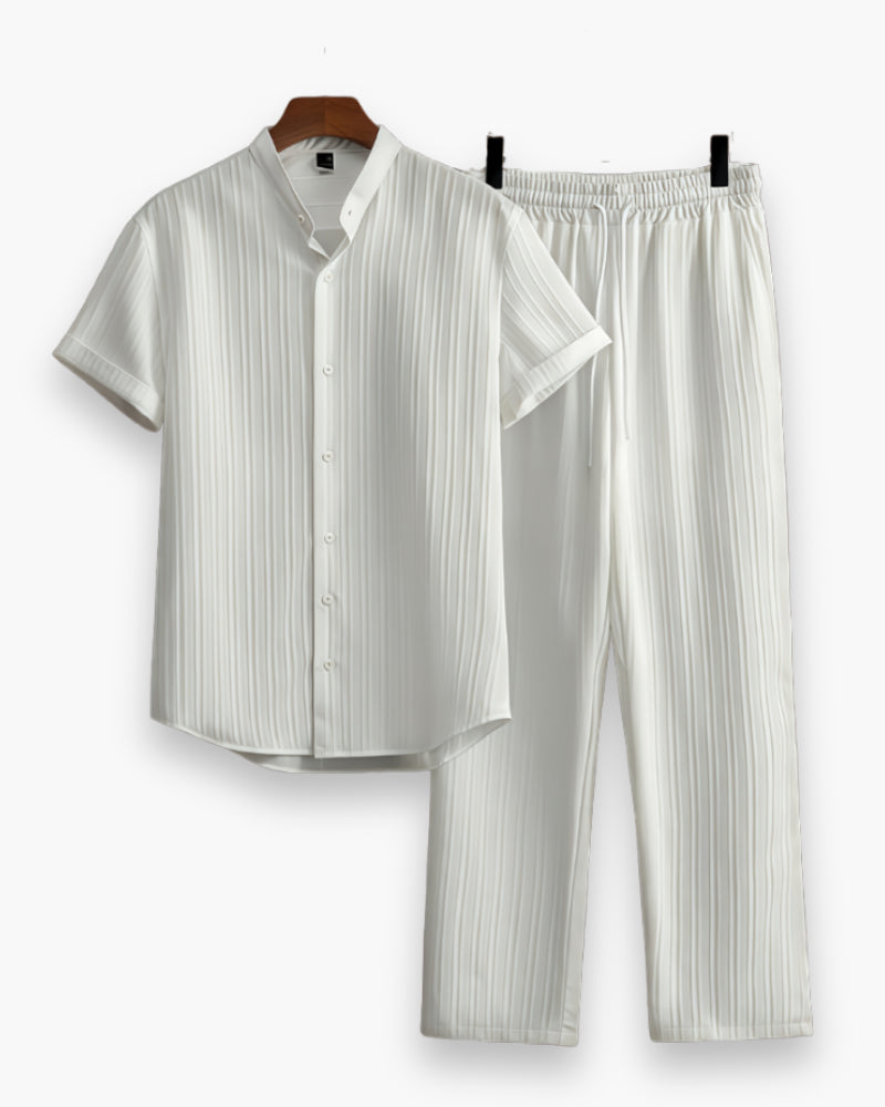 Zachariah | Men's Matching Button-Down Shirt & Pants Two-Piece Set with Elastic Waist — White
