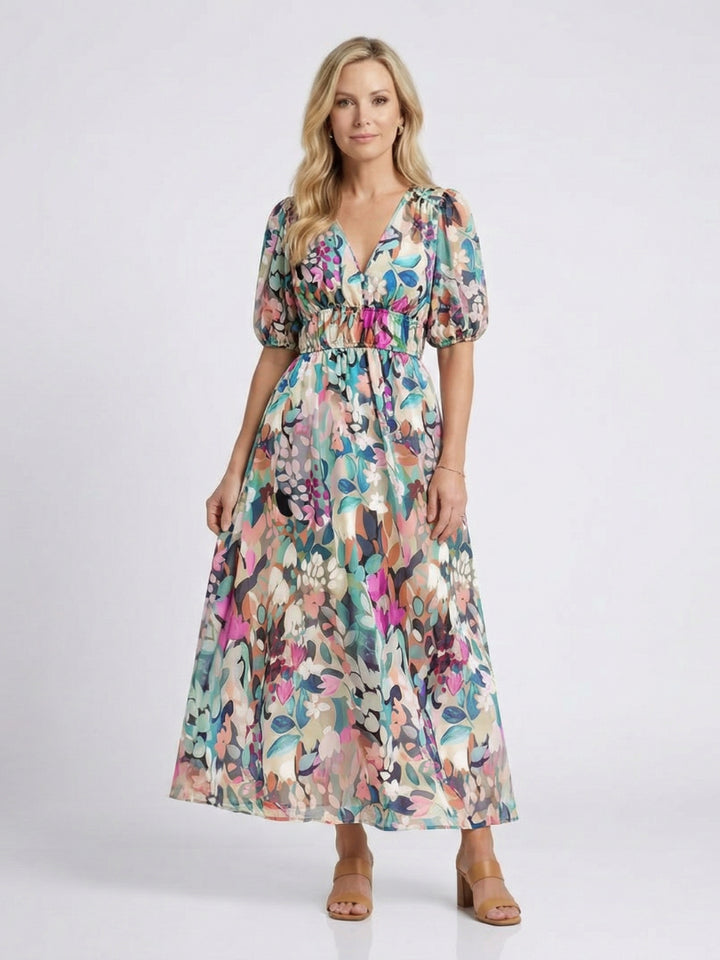 Zara | Women's Wedding Guest Elegant Floral V-Neck Midi Dress Dresses — Floral