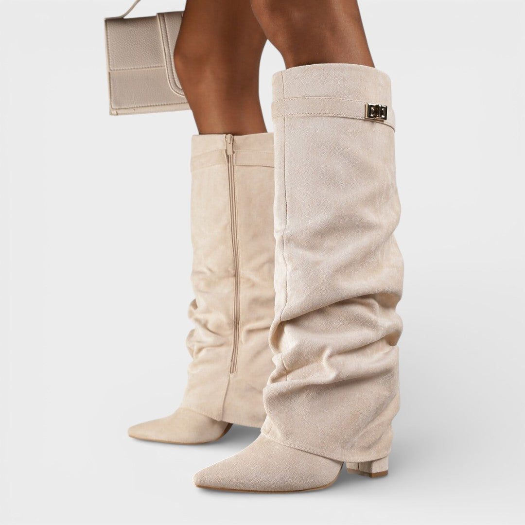 Zaraaine | Women's Pointed Toe Slouchy Knee Boots with Metallic Clasp — Beige