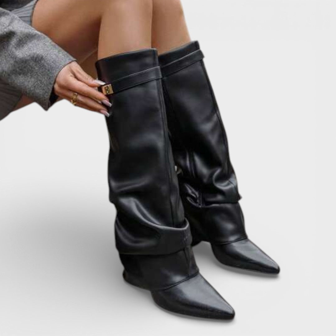 Zaraaine | Women's Pointed Toe Slouchy Knee Boots with Metallic Clasp — Black Skin