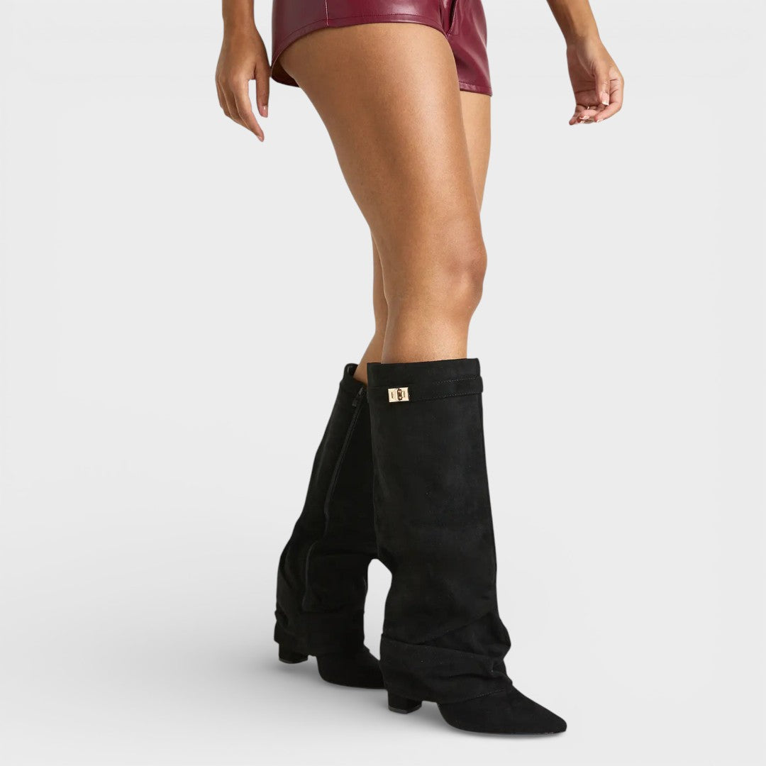 Zaraaine | Women's Pointed Toe Slouchy Knee Boots with Metallic Clasp — Black