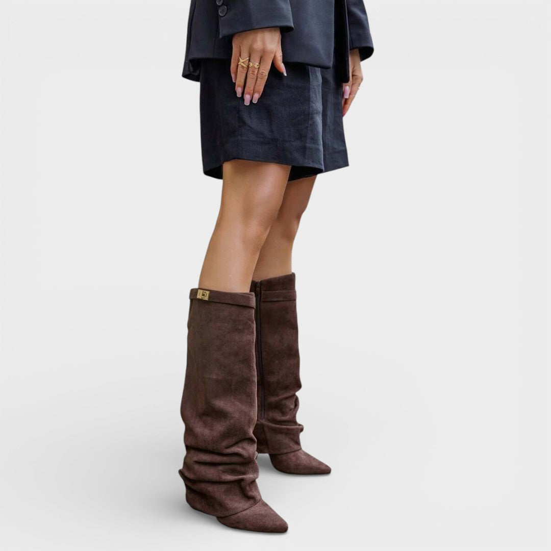 Zaraaine | Women's Pointed Toe Slouchy Knee Boots with Metallic Clasp — Dark Brown