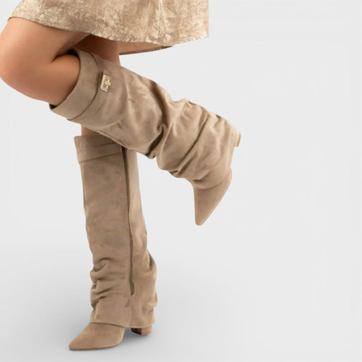 Zaraaine | Women's Pointed Toe Slouchy Knee Boots with Metallic Clasp — Light Brown