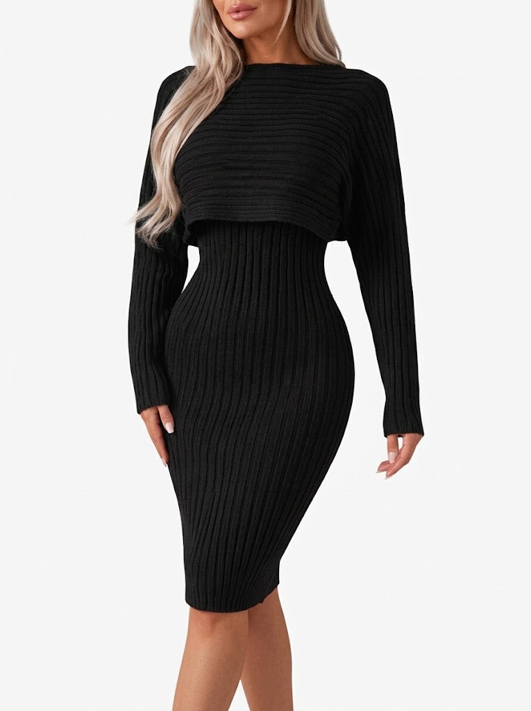 Zarastine | Women's Two-Piece Matching Ribbed Midi Skirt Co-Ord Set with Cropped Top — Black