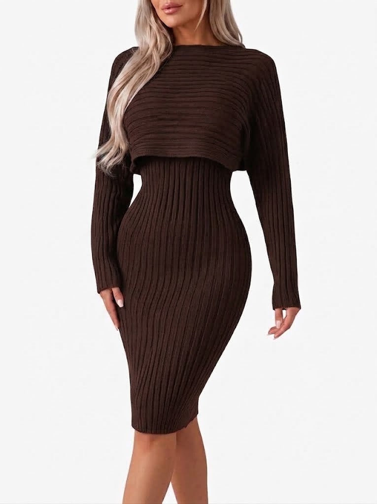 Zarastine | Women's Two-Piece Matching Ribbed Midi Skirt Co-Ord Set with Cropped Top — Dark Brown
