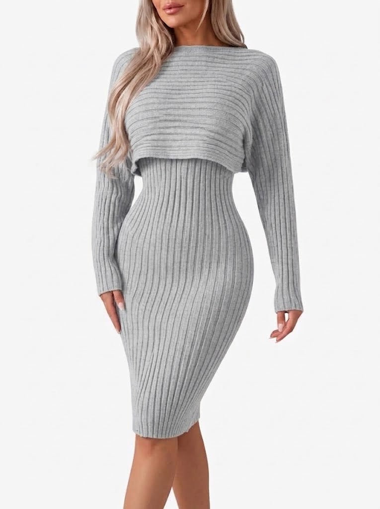Zarastine | Women's Two-Piece Matching Ribbed Midi Skirt Co-Ord Set with Cropped Top — Grey