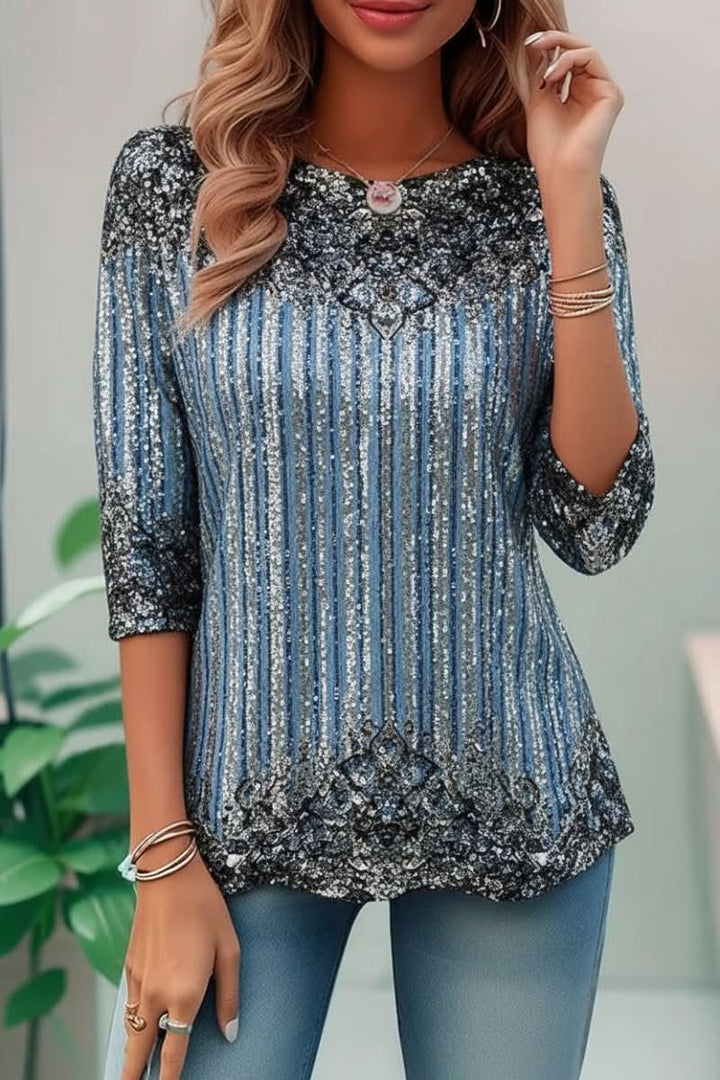 Zephcine | Women's Cozy Sequined sweater Short Sleeve — Blue